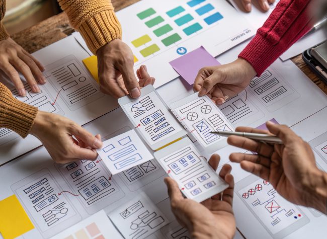 Group of ux developer and ui designer brainstorming about app interface design at modern office. Creative digital development agency.